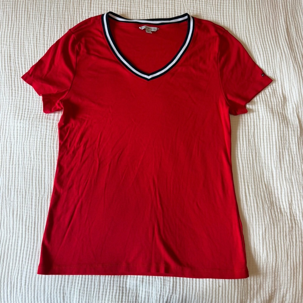 Tommy Hilfiger Womens Red V-Neck T-Shirt W/ Striped Logo Collar (XL) 100% Cotton
